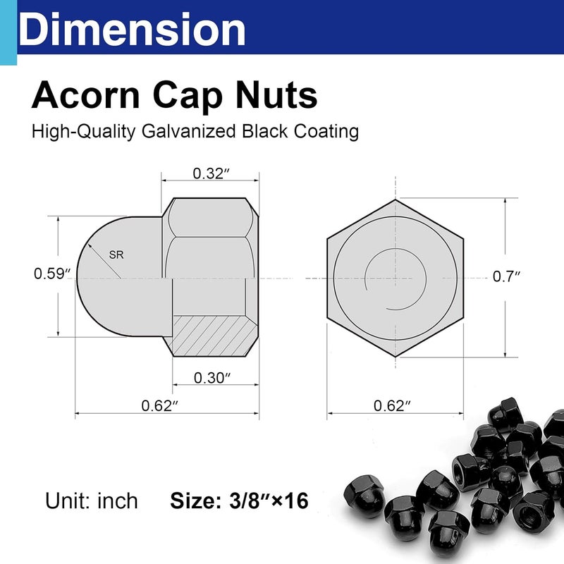 Usdrwam 16Pcs 3/8"-16 Acorn Cap Nuts, Zinc Plating-Black Hex Head Acorn Cap Nuts, Stainless Steel 18-8 (304) Hexagon Dome for Indoor Outdoor - Image 2